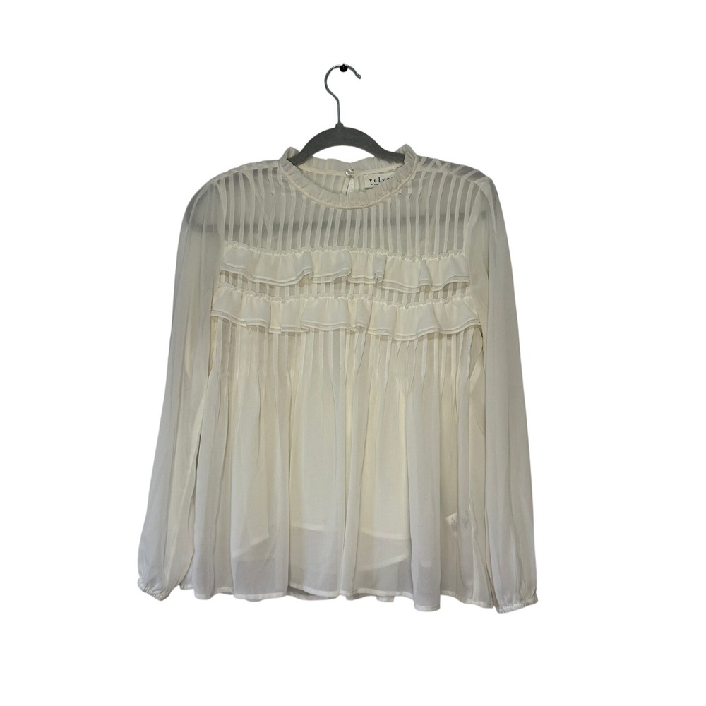 Velvet by Graham & Spencer Ivory Sheer Pleated Ruffle Long Sleeve Blouse XS‎